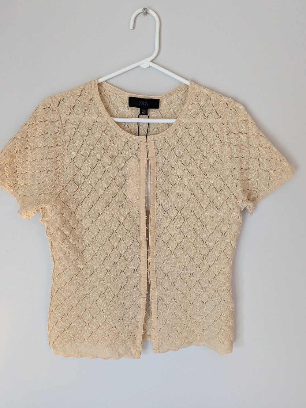 Zara Cream Short-Sleeve Hook-Front Knit Top